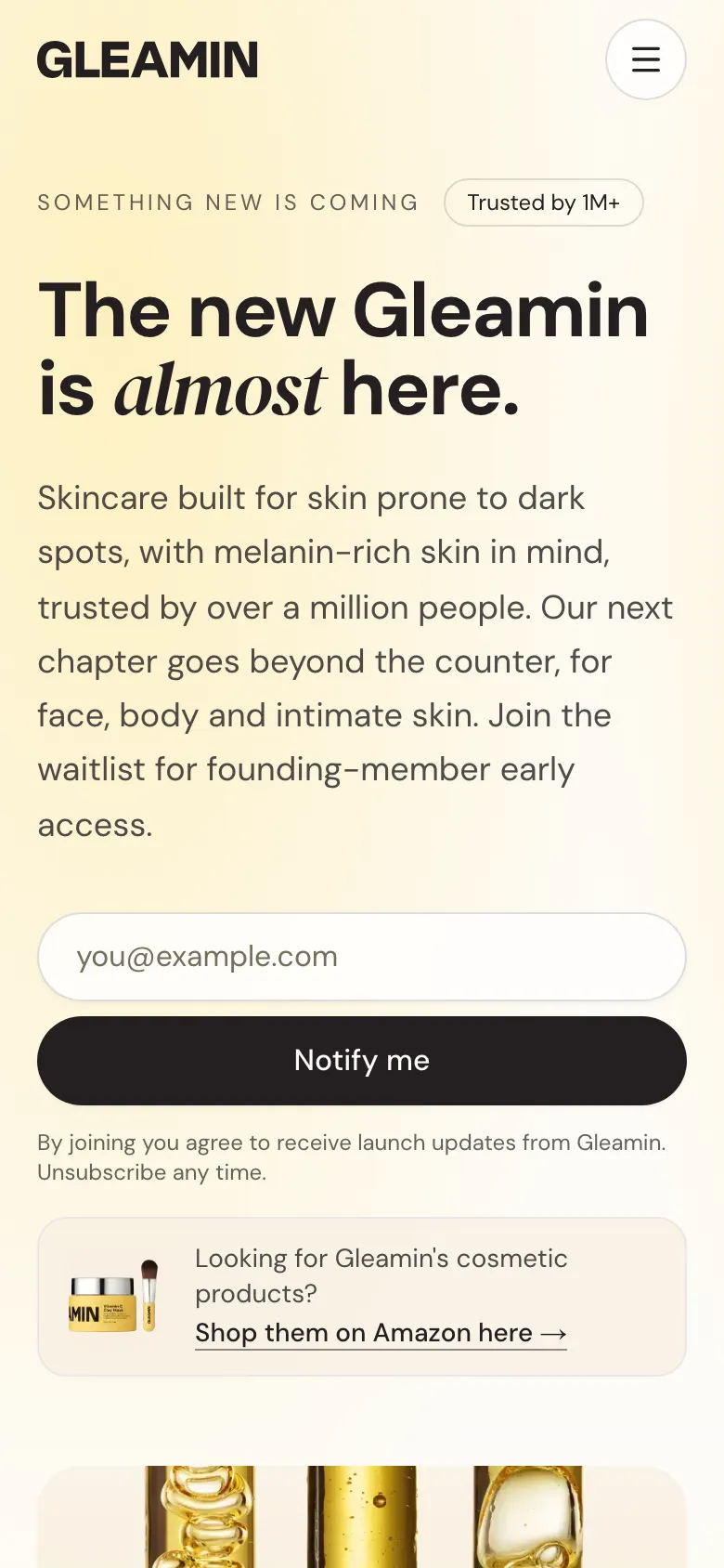 Homepage of Gleamin on mobile