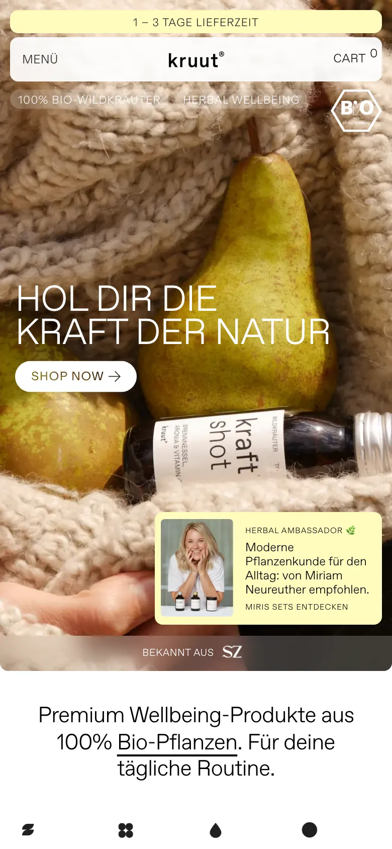 Homepage of Kruut on mobile